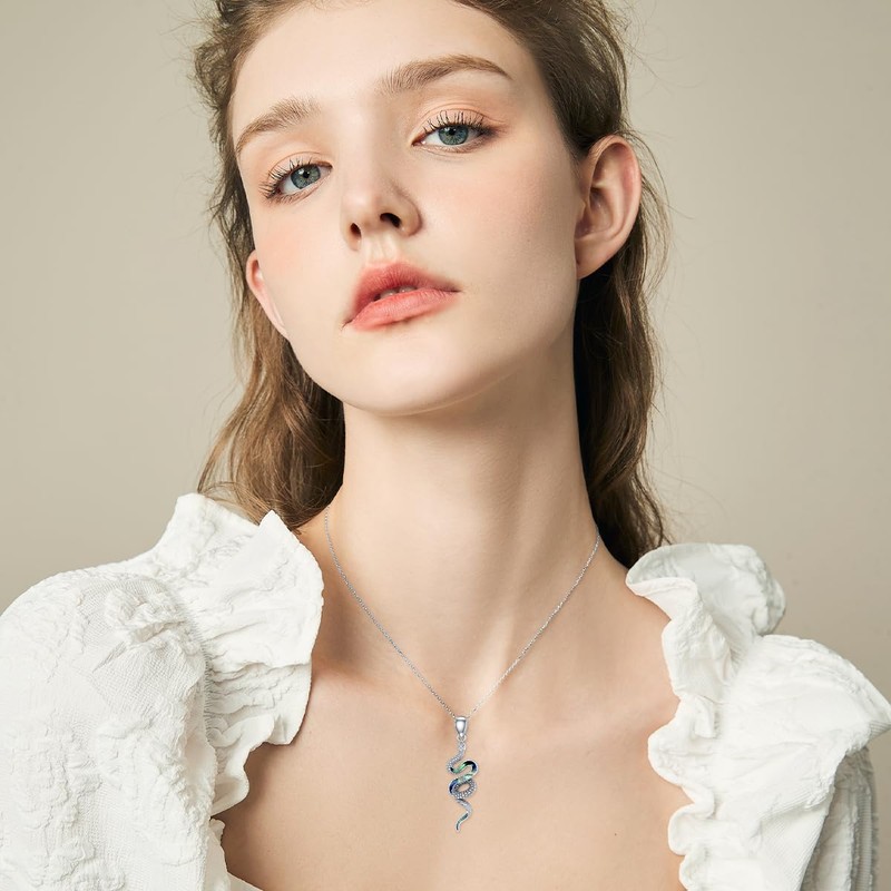 LONAGO 925 Sterling Silver Snake Pendant Necklace for Women Abalone