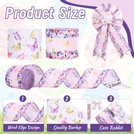 2 Rolls Spring Wired Ribbon Purple Floral Butterfly Ribbon Wired for Crafts Gift Wrapping DIY Bows Wreath Decorations (Butterfly)