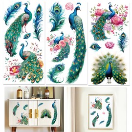 INFUNLY 3 Sheet Blue Peacock Rub on Transfers for Crafts 6x12 Flower Furniture Stickers Vintage Floral Transfer Decals Waterproof for Wood Glass Scrapbook DIY Paper Home Decor