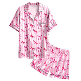 Nidoul Girls Pajamas Satin Pajama Set Silk Pjs Short Sleeve Button Down Summer Sleepwear for Big Kids Size 9-10