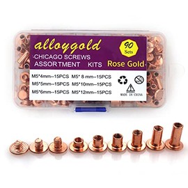 90 Sets Rose Gold Chicago Screws Leather Assorted Kit ，6 Sizes of Screw Rivets for Leather Rivet for DIY Leather Craft and Bookbinding (M5 X 4, 5, 6, 8, 10, 12)