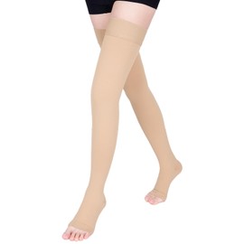 Wegitcs Compression Stockings for Women & Men, 15-20 mmHg Thigh High Compression socks, Medical Graduated Compression Support for Edema, Varicose Veins, Swelling, Open Toe, Beige,2XL