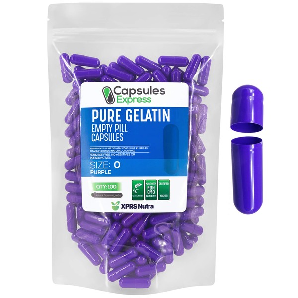 Capsules Express- Size 0 Purple Empty Gelatin Capsules 100 Count - Kosher and Halal - Pure Gelatin Pill Capsule - DIY Powder Filling