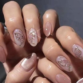 Press On Nails Almond Short Square Ballet Shaped, Cute Design Flower Bow Fake Nails, Stick On Nails,Glue on Nails on 24PCS (Pink Gold Butterfly)