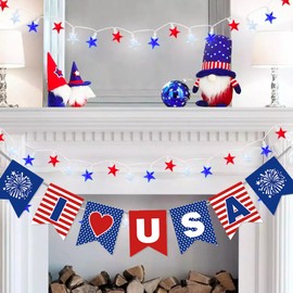 BETEAM 16.5ft Red White and Blue Star String Lights 4th of July Decorations 40 LED Fairy Light with American Flag Banner -03