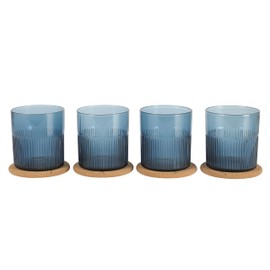 Bloomhouse Lyon Sky 4 Piece Hand Made 16 OZ Lapis Blue Colored Glass Double Old Fashioned Set w/Four Coasters