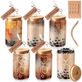 Skylety 6 Sets Nurse Gifts for Women 16 oz Can Shaped Glass Cup with Lid and Straw Thank You Tag Nurse Week Appreciation Gift for Graduation Nurse's Day Birthday School Supplies