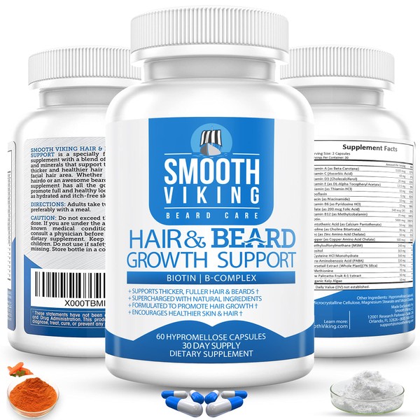 Beard Growth Supplement - Hair Growth Vitamins for Men (60 Capsules) - 5000 MCG Biotin & DHT Blocker for Hair Loss Treatment - Beard Pills for Thicker, Stronger Hair