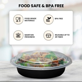 Klex Meal Prep Containers with Airtight Lids, BPA Free, Reusable Plastic Food Container, 24 oz, Round, Black/Clear, 150 Sets