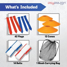 Play Platoon 14 Player Flag Football Set - 14 Adjustable Youth & Adult Flag Football Belts, 42 Flag Football Flags, 12 Field and End Zone Cone Markers & 1 Mesh Bag