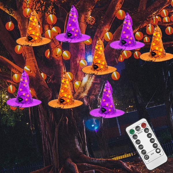 Cbumane Halloween Decorations 8 Pcs Lighted Hanging Witch Hats, 14ft