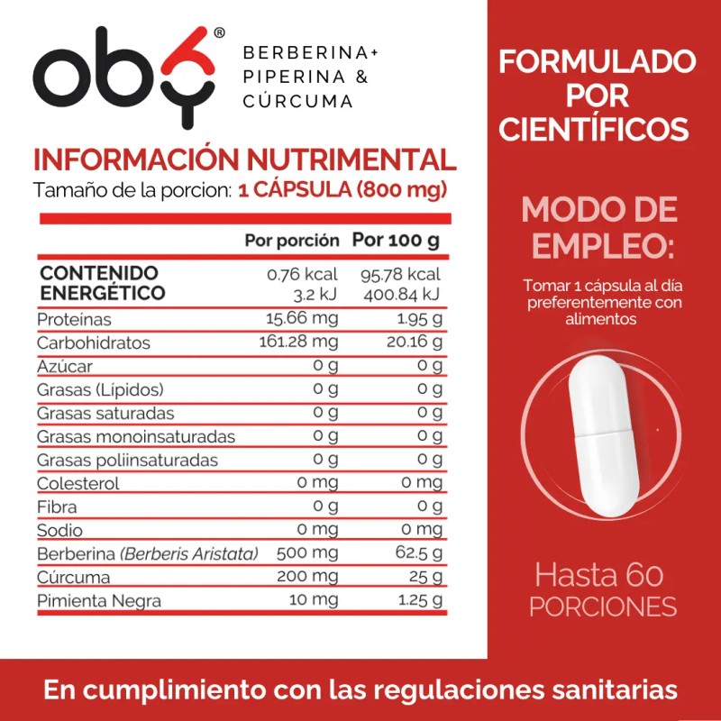 Berberina Hcl 1000mg Potenciada Piperina Curcuma Glucontrol Oby Berberine Complex