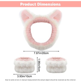 JazSwirl Face Wash Headband and Wristband Set, 3 Pcs Skincare Headband and Wristband Set 1 Face Wash Headband 2 Face Wash Wristbands, Cute Animal Ears Plush Headbands for Washing Face (White Cat, 1)