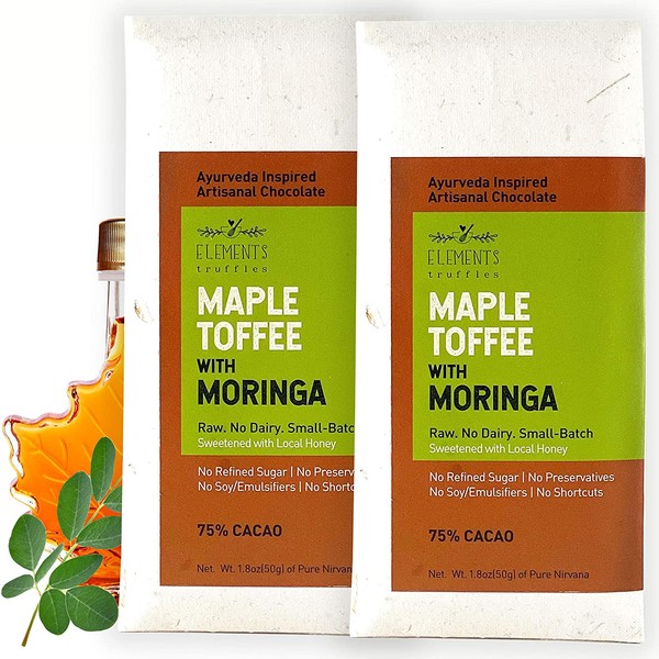 Elements Truffles Maple Toffee With Moringa - Dairy Free Chocolate Bars - Paleo Friendly, Gluten Free, Non-GMO, Raw, Organic Chocolate - Ayurveda Inspired Healthy Chocolate Bar - 2 Pack
