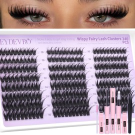 EYDEVRO Fairy Lash Clusters Kit Wispy Eyelash Clusters with Spikes 10-16mm Lash Extension Kit D Curvature Volume Cluster Eyelash Extensions Kit Individual Lashes Lash Bond and Seal Tweezers Brushes