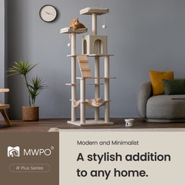 MWPO Large Modern Cat Tree, 70.1-Inch Wood Cat Tower for Indoor Cats, Multi-Level Tall Cat Condo with 2 Padded Perches, Hammock, Scratching Posts, Dangling Toys, Beige