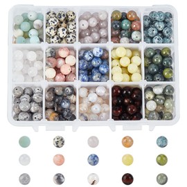 nbeads Pack of 375 8 mm Natural Gemstone Beads, 15 Styles, Round Natural Loose Beads, Energy Stone Spacer Beads for DIY Bracelet, Necklaces, Jewellery Making, Gemstone