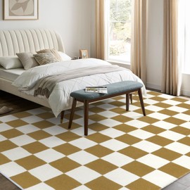 Lahome Checkerboard 8x10 Rug for Living Room, Modern Cotton Woven Large Checkered Rugs for Bedroom, Low Pile Washable Carpet for Kids Room (Khaki)