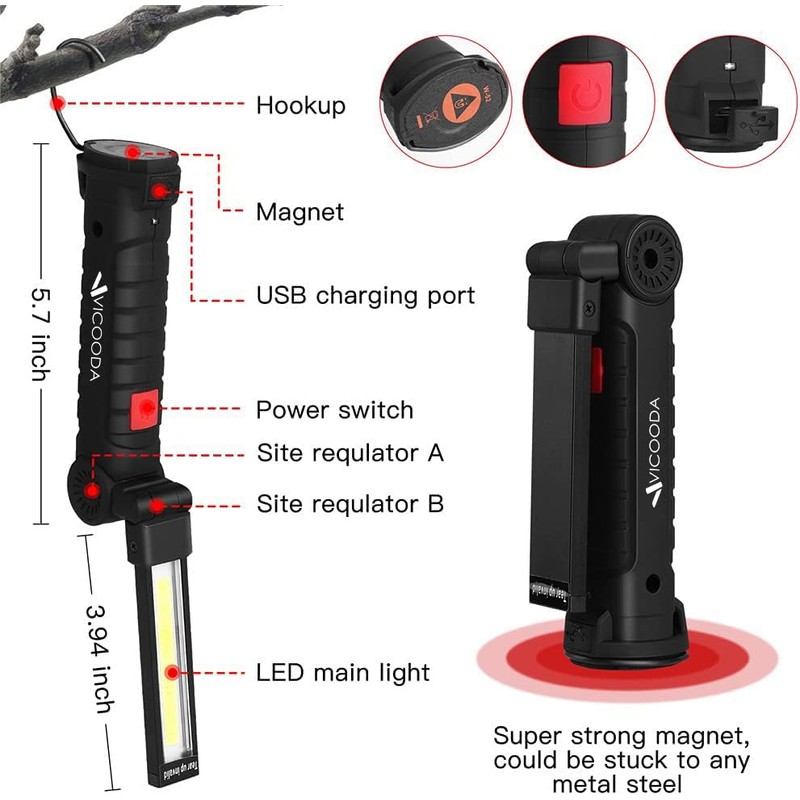 VICOODA Rechargeable LED Work Light with Magnetic Base, USB 360°