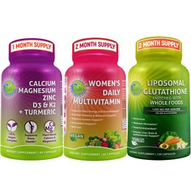 Liposomal Glutathione 500mg Supplement, Master Antioxidant & Detoxifier - Bundle up with - Women's Daily Multivitamin with iron for Optimal Health & Plant-Based Calcium 500mg (Aquamin)