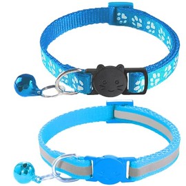 2 Pack Breakaway Cat Collars with Bells, Reflective Design and Claw Print Design, Safety Buckle Kitten Collars Adjustable from 7.5 to 12.5 Inches (Sky Blue)
