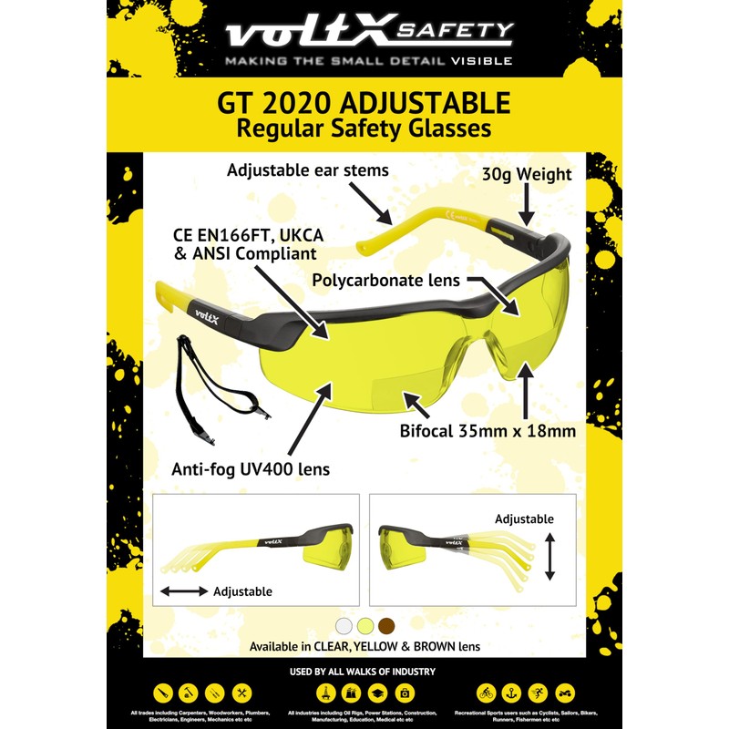 voltX GT ADJUSTABLE Safety Glasses (YELLOW Lens), UKCA & CE