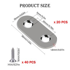 20 PCS Flat Brackets Stainless Steel Metal Brackets 36 x 16 mm Straight Brackets Mending Plates with 40 Screws for Wood Fixing Furniture Tables Chairs