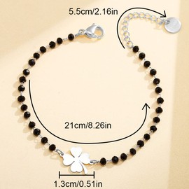 LEEQBCR 1pcs Four Leaf Clover Charm Bracelet Hypoallergenic Stainless Steel with Black Beads Simple Bracelet Bring New Charm to Lucky Jewelry, silver