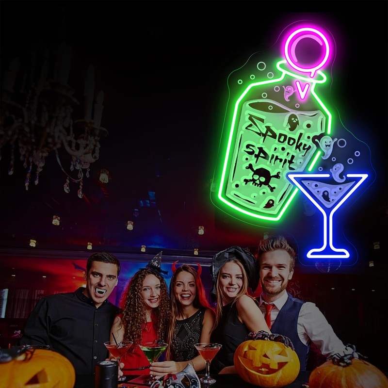 Halloween Cocktail Neon Sign, Spooky Spirits Home Bar & Party