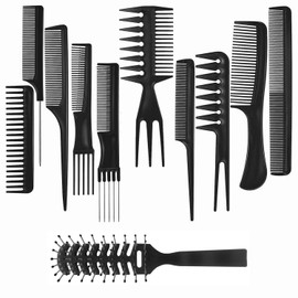 AC063 (10 Hair Combs, 1 Vented Hair Brush) - Natural Hair & Wig Accessory Bundle in AC-BLACK