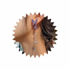 Sttiafay Vintage Purple Crystal Butterfly Drop Earrings Silver Long Pearl Chain Earrings Butterfly Pearl Tassel Earrings Purple Cz Butterfly Stud Earrings Jewelry for Women