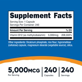 Nutricost Vitamin B12 (Methylcobalamin) 5000mcg, 240 Capsules - Vegetarian Caps, Non-GMO, Gluten Free B12 Supplement