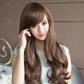 Long Curly Wigs for Women Girls with Oblique Fringe 75 cm Black/Dark Brown/Light Brown (Light Brown)
