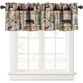 Rustic Cabin Valance Curtain, Lake Country Lodge Bear Deer Forest Farmhouse Camp Woodland Brown Blackout Short Window Curtain for Bedroom Living Room Kitchen,54x18in