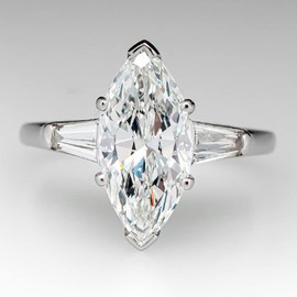 DCFSHEE Classic Platinum Plated Marquise Cut and Baguette CZ Cubic Zirconia Engagement Ring 3-Stone Wedding Promise Rings for Her (US Size 8)