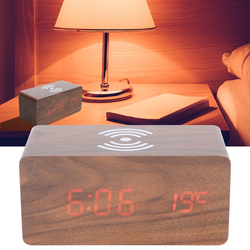 Wireless Charging Clock Digital LED Electronic Alarm Rectangular Wooden Bedside