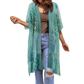 BB&KK Women Summer Bikini Kimono Bathing Suit Beach Cover Ups for Swimwear Floral Print Cardigans (12 Light Cyan/Boho, S)