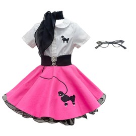 Hip Hop 50's Shop 1950s Toddler Poodle Skirt Costume Outfit 7 Piece Set for Girls with Skirt Slip Shirt Glasses Scarf Socks Belt (3T Hot Pink)