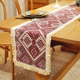 Boho Table Runner, Country House Style Tassels Table Runner, Washable Table Runner, Vintage for Dining Room, Party, Holiday Decoration, Birthday, Valentine's Day, Wedding Decor (Colourful Red, 30 x