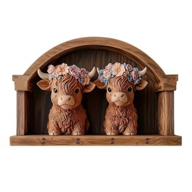 SWZY Highland Cow Key Holder for Wall,Brown Wooden Key Rack Key Hanger,Novelty Key Holder with 4 Wall Mounted Hooks for Hallway,Entryway,Bedroom Mudroom Living Room Farmhouse