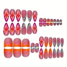 48 Pcs Press on Nails Almond Medium & Press on Toenails Set, French Tip Fake Nails with 3D Floral Leopard Print Design Glue on Nails Square Short False Toe Nails Glossy Acrylic Nails for Women