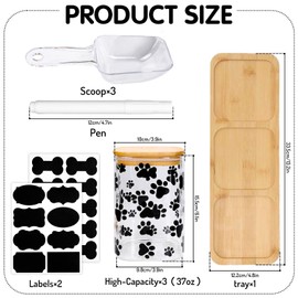FYSUIMU 37Oz Glass Dog Treat Jars Set of 3 Cute Black Paw Print Clear Dog Cat Food Storage Container with Airtight Lids Tray Scoops Labels Pen for Pet Owners Great Gifts
