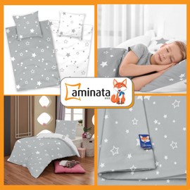 Aminata kids Bed Linen 135 x 200 cm Stars Grey White Cotton Star Motif Zip Soft & Breathable Summer Bedding Set Boys Girls - Reversible Bed Linen