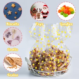 100 Pack Cellophane Bags with 100 Pieces Gold Twist Ties, Clear Cellophane Bags Cellophane Gift Bags, Clear Cookie Bags for Bakery Candy Packaging (13x21cm)