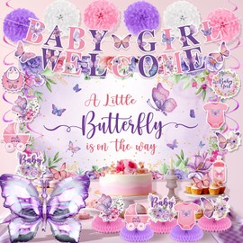 23pcs Butterfly Baby Shower Decorations for Girl Purple Baby Shower Butterfly Banner Backdrop Table Centerpieces Hanging Swirls Pompoms A Little Butterfly Is On The Way Butterfly Party Supplies