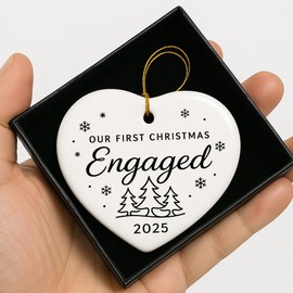 Our First Christmas Engaged 2025 Ornament, Engagement Keepsake Gift, 3 * 2.8" Heart-Shaped First Christmas Engaged Ceramic Gift with Giftbox