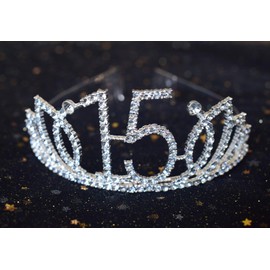 15th Birthday Princess Crystal Tiara, Silver Glitter Satin Sash, Party Supplies and Decorations for Girls