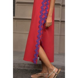 utcoco Women's Summer Beach Boho Flowy Maxi Dress Casual Sleeveless V Neck Side Slit RIC Rac Tank Dress (X-Large, Red)