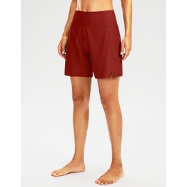 G Gradual Women's 7" Long Swim Board Shorts High Waisted Quick Dry Beach Swimming Shorts for Women with Liner Pockets, Red, X-Large