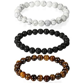 Aroncent 3Pcs 8mm Mala Beads Bracelet for Womens Lava Rock Tiger Eye White Turquoise 6.3"(16cm) Elastic